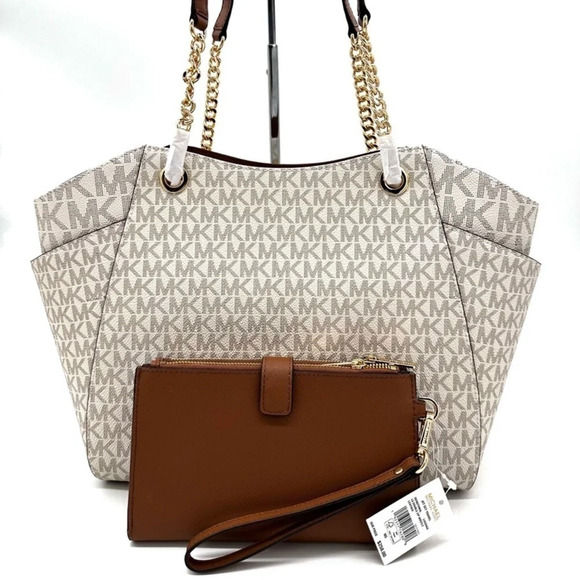 Michael Kors Large Jet Set Travel Chain Shoulder Bag & Double Zip Wallet Vanilla - Picture 5 of 14